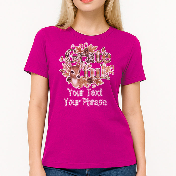 Custom Women's T-Shirt - Thanksgiving DTF Print with Personalized Rhinestone Text