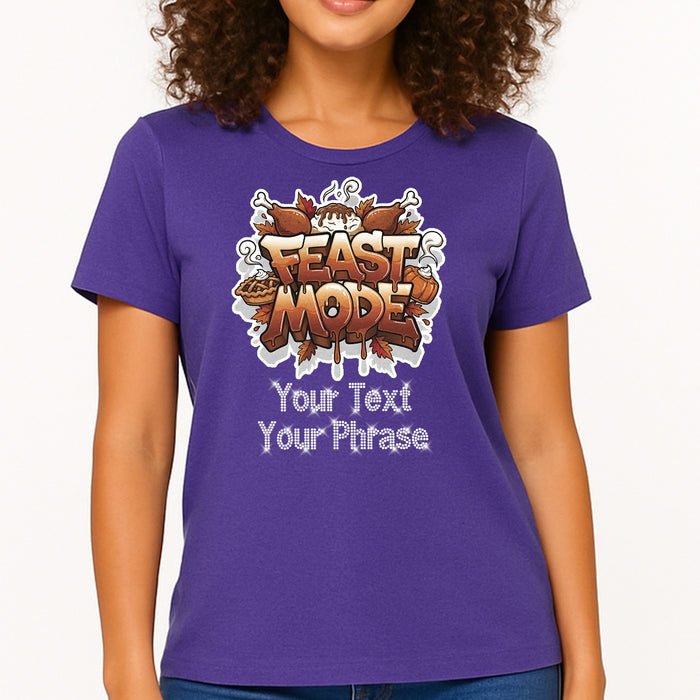 Custom Women's T-Shirt - Thanksgiving DTF Print with Personalized Rhinestone Text