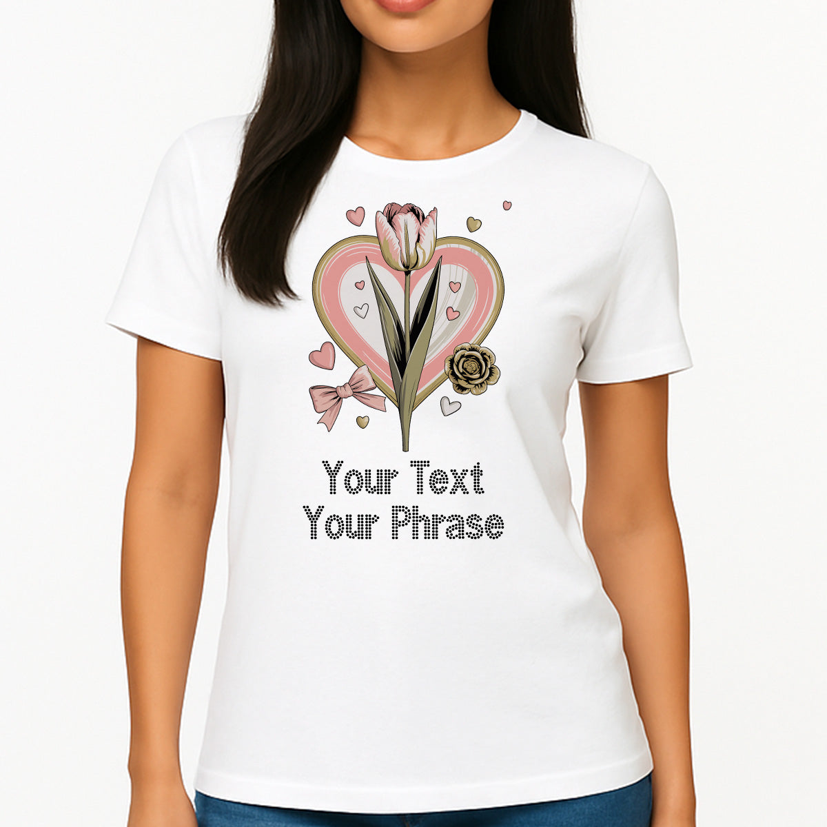 Custom Women's T-Shirt - Valentine's DTF Print with Personalized Rhinestone Text