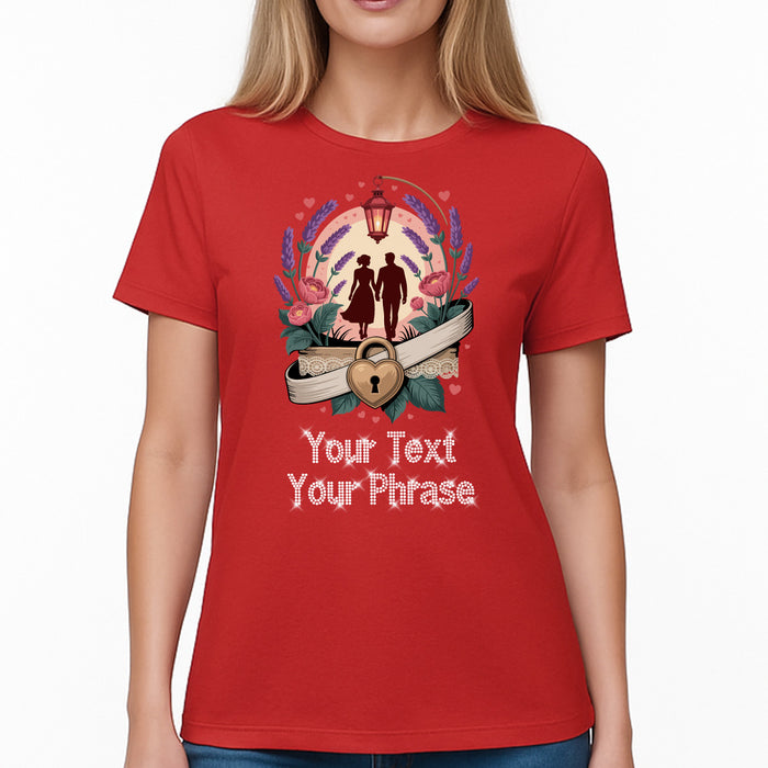 Custom Women's T-Shirt - Valentine's DTF Print with Personalized Rhinestone Text