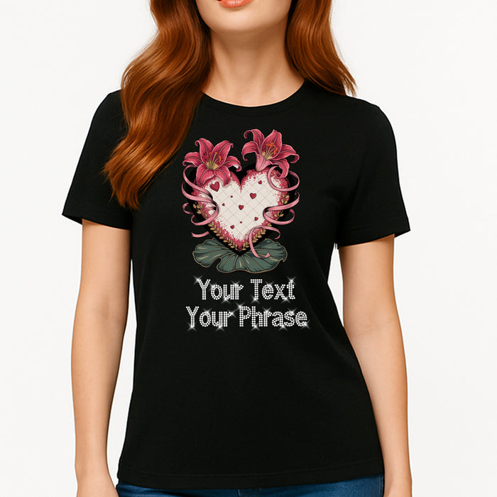 Custom Women's T-Shirt - Valentine's DTF Print with Personalized Rhinestone Text