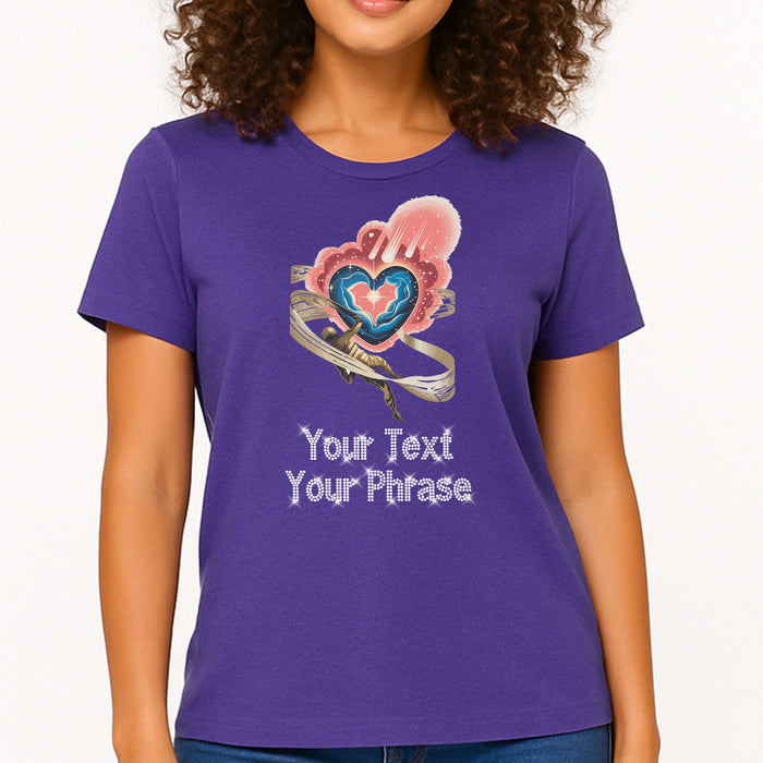 Custom Women's T-Shirt - Valentine's DTF Print with Personalized Rhinestone Text