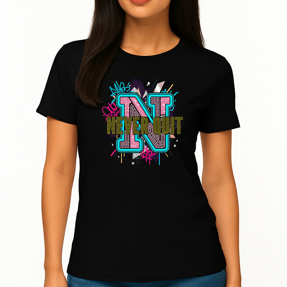 Custom Women’s T-Shirt – Urban Glam Power Personalized Rhinestone and DTF Mix