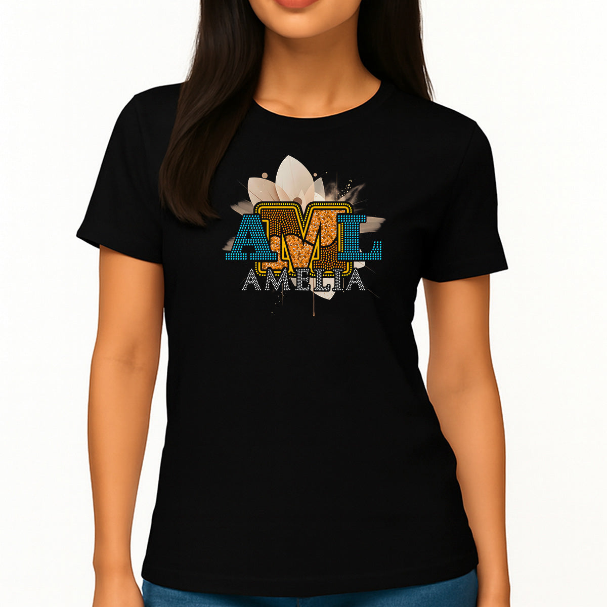 Custom Women’s T-shirt – Dark Chocolate Street-muse Type Personalized Rhinestone And DTF Mix
