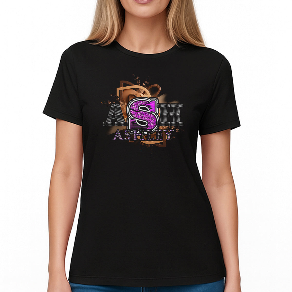 Custom Women’s T-shirt – Dark Chocolate Street-muse Type Personalized Rhinestone And DTF Mix