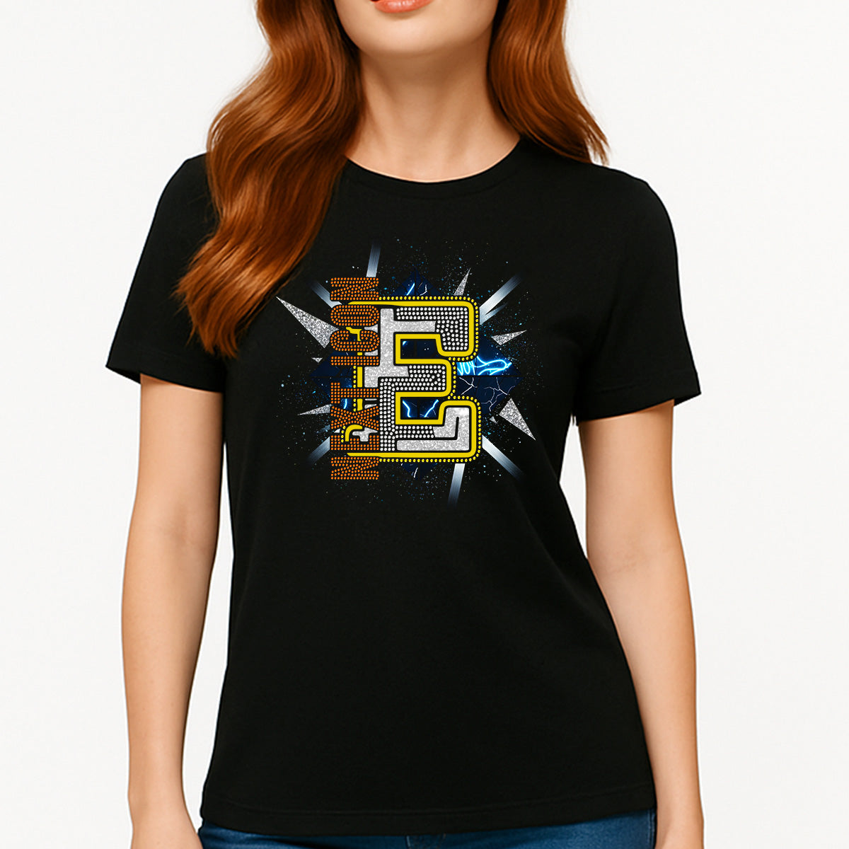 Custom Women’s T-Shirt – Urban Glam Power Personalized Rhinestone and DTF Mix