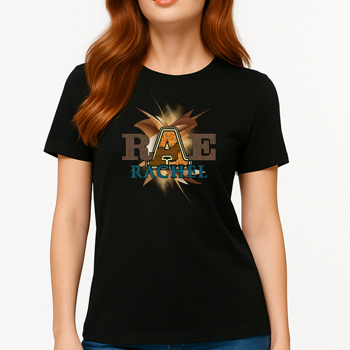 Custom Women’s T-shirt – Dark Chocolate Street-muse Type Personalized Rhinestone And DTF Mix