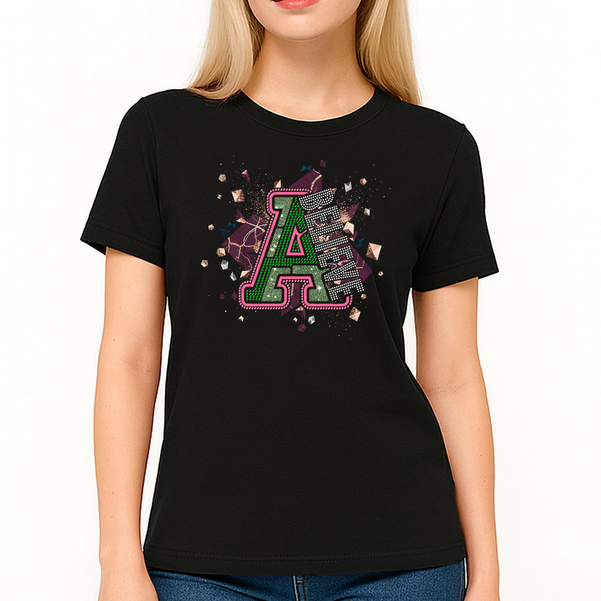 Custom Women’s T-Shirt – Urban Glam Power Personalized Rhinestone and DTF Mix