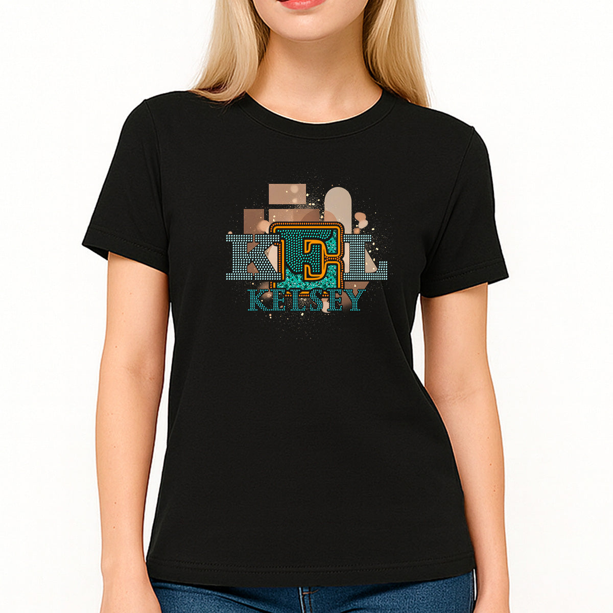 Custom Women’s T-shirt – Dark Chocolate Street-muse Type Personalized Rhinestone And DTF Mix