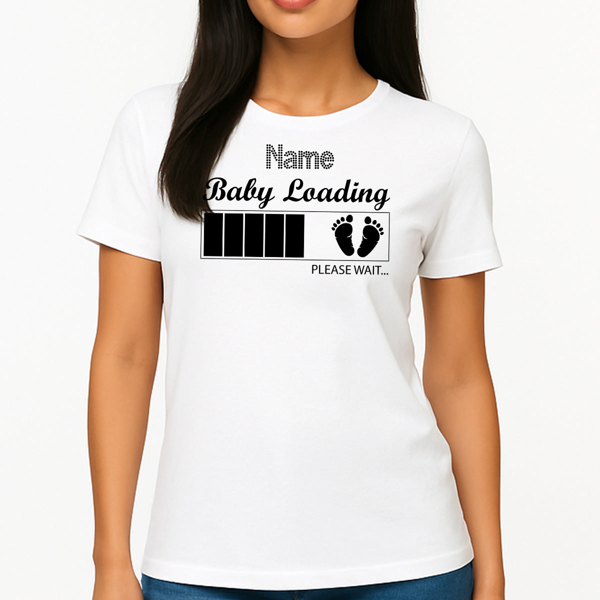 Custom Women’s T-Shirt – Baby Shower DTF Print with Personalized Rhinestone Text