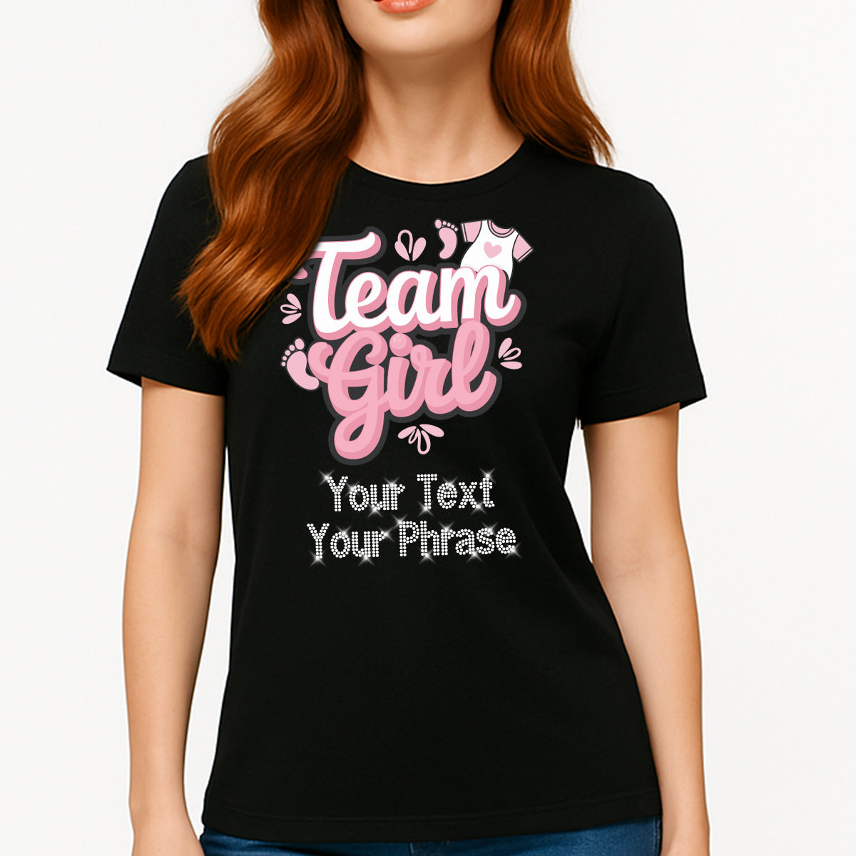 Custom Women’s T-Shirt – Baby Shower DTF Print with Personalized Rhinestone Text