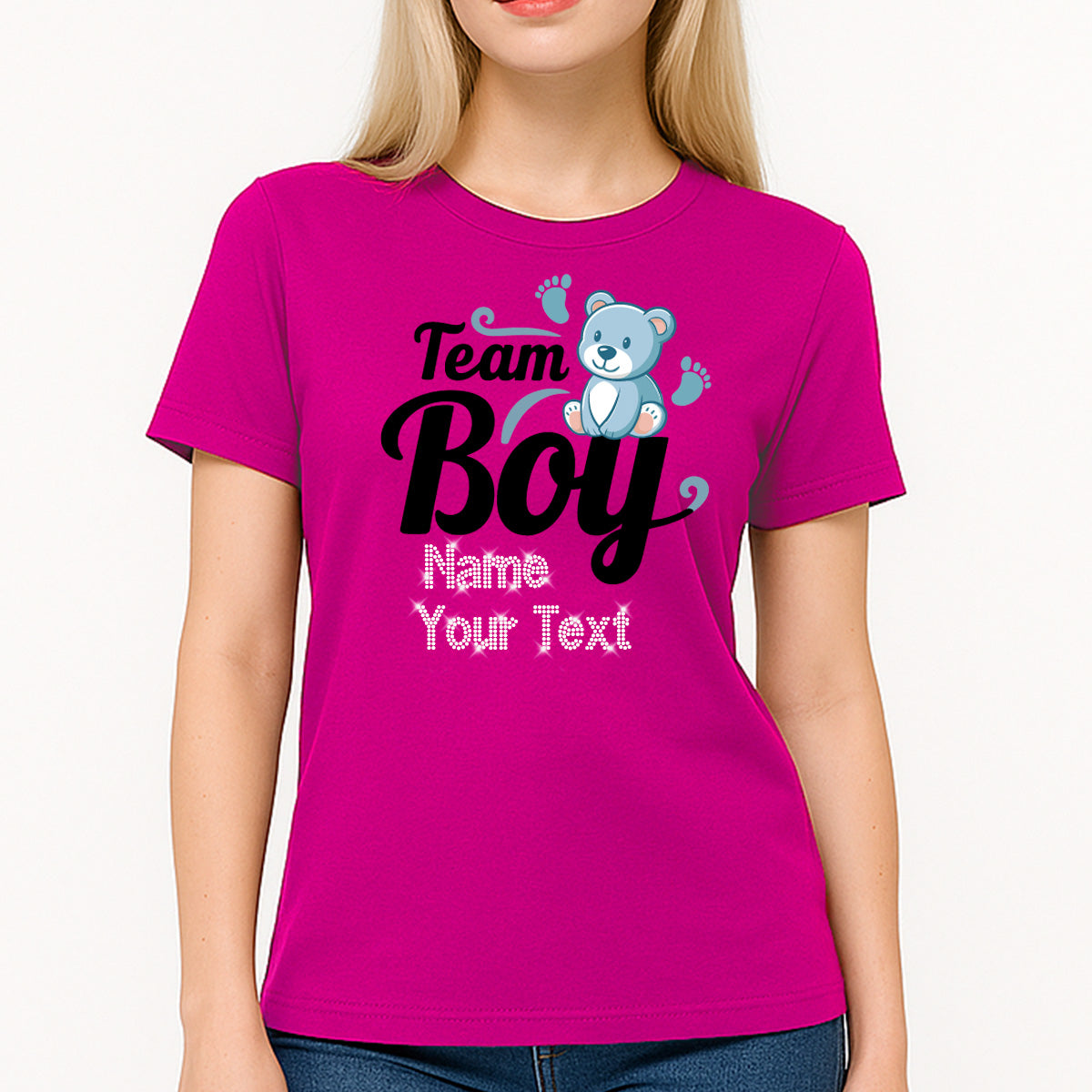 Custom Women’s T-Shirt – Baby Shower DTF Print with Personalized Rhinestone Text